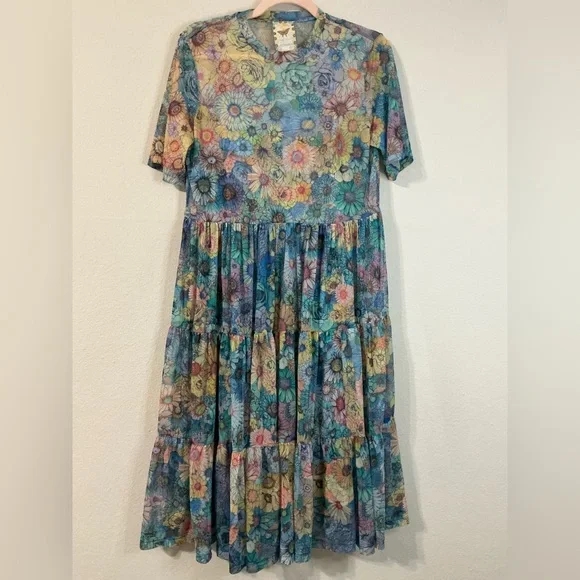 Johnny Was Florentina Mesh Tiered Slip Dress Multi Floral Size Medium - Picture 6 of 16